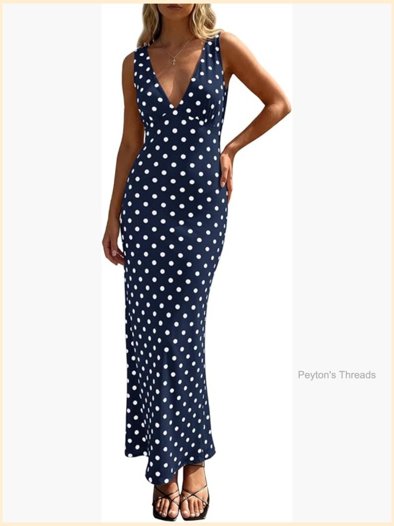 Sleeveless V-Neck Polka Dot Bodycon Maxi Dress